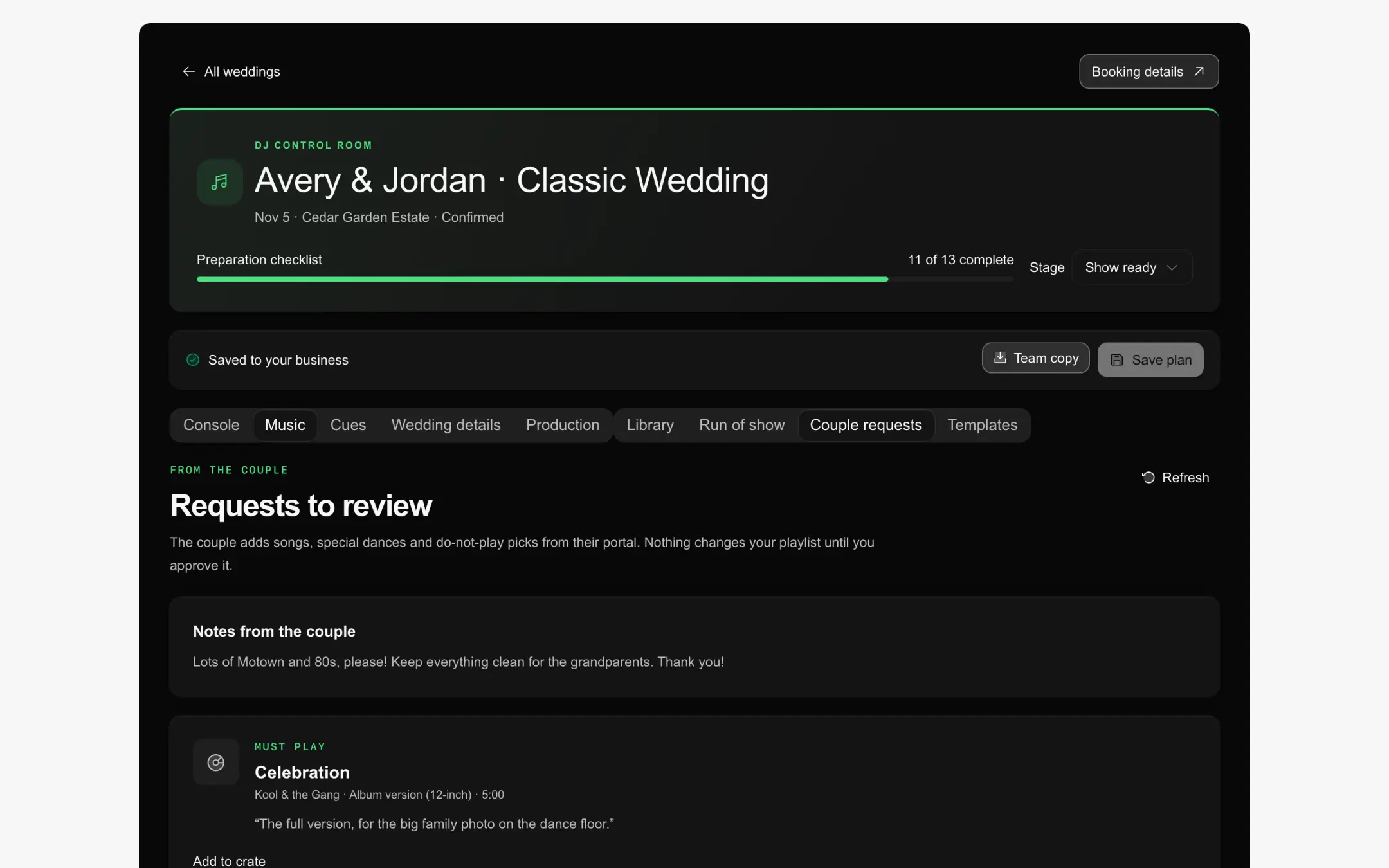 Couple requests waiting for the DJ's review in the sample wedding.