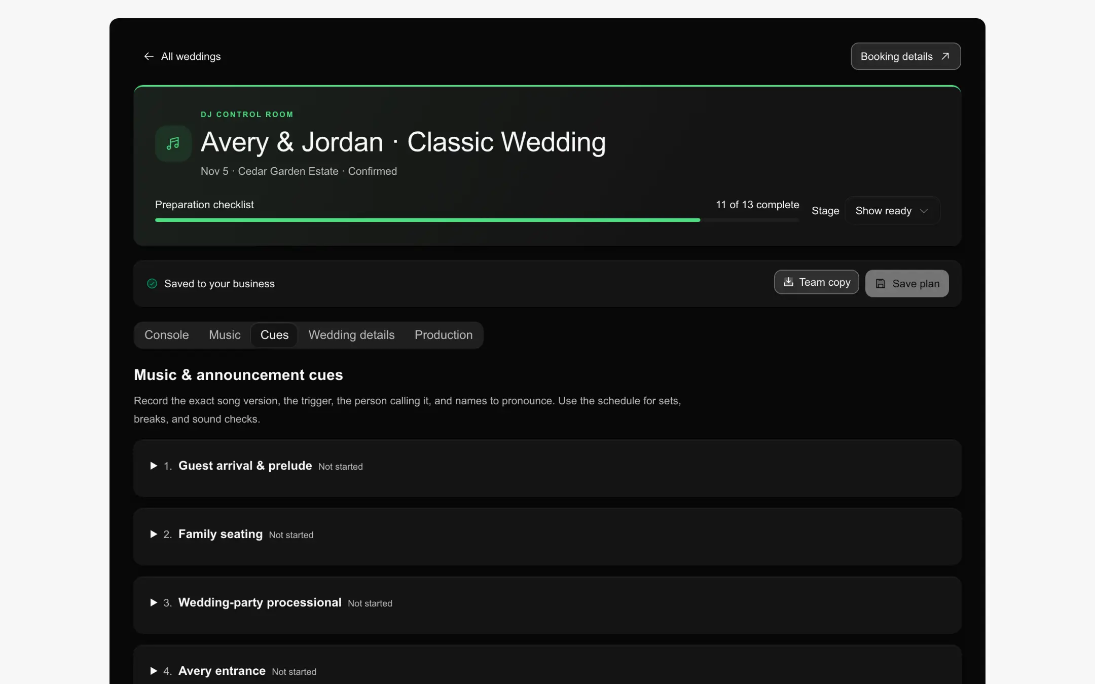 The cue list for the sample wedding, from guest arrival to the processional.