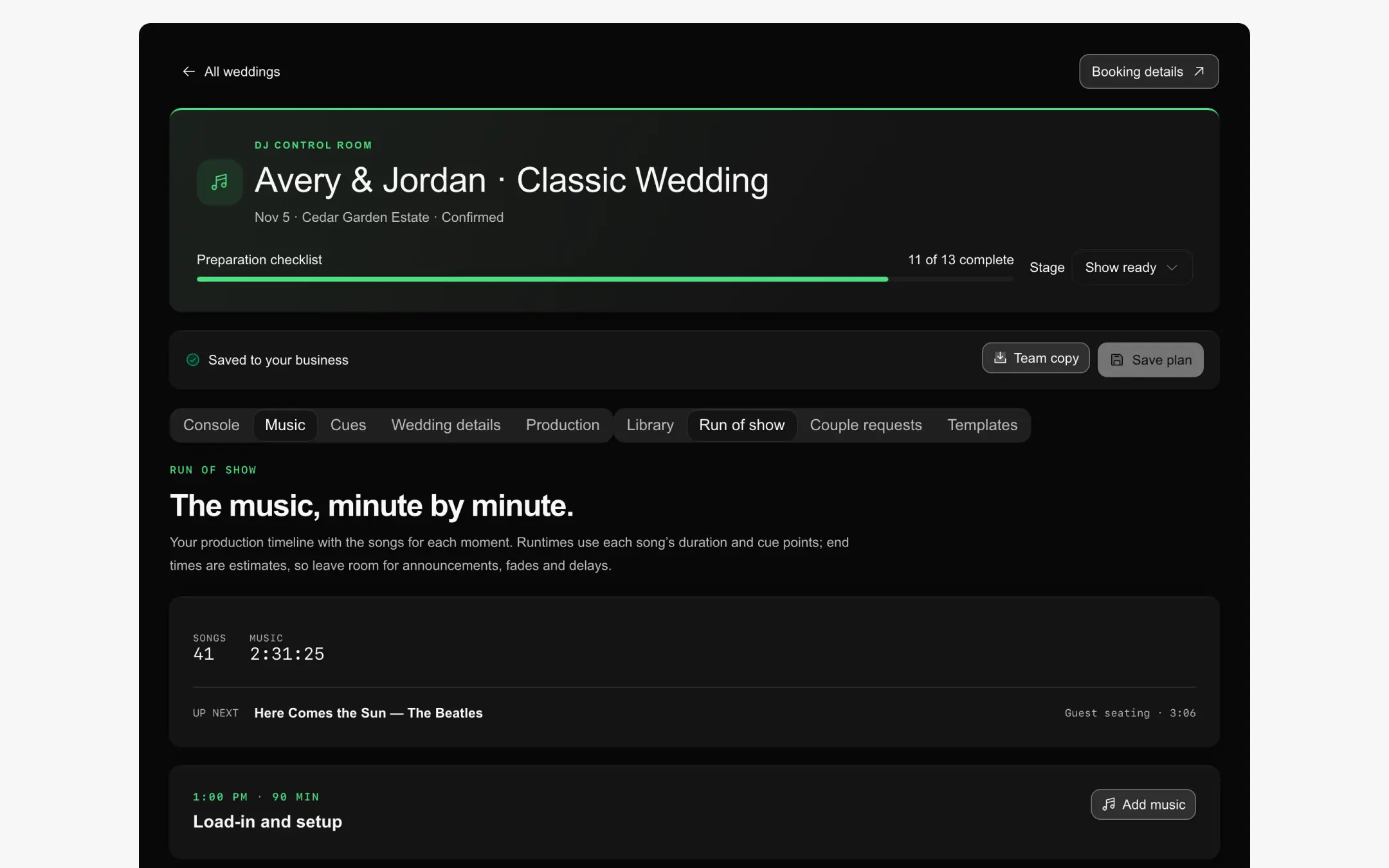 The run of show for the sample wedding, with 41 songs and over two and a half hours of music.