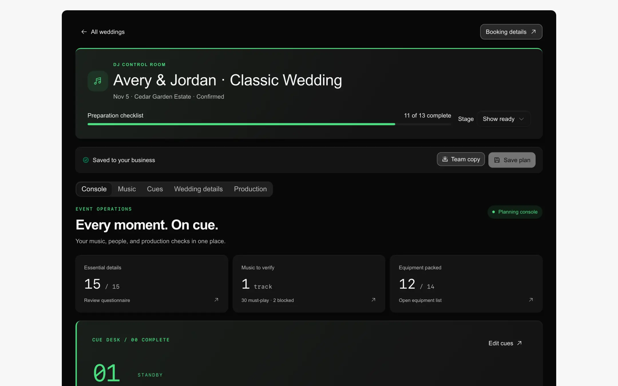 The DJ studio for the sample Avery & Jordan wedding.